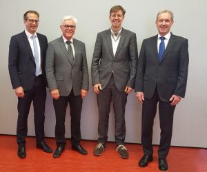 The management board of Technologie-Initiative SmartFactory KL e.V. (from left to right): Dr. Thomas Bürger, Prof. Dr. Detlef Zühlke (Chairman), Andreas Huhmann, Klaus Stark. Photo: SmartFactoryKL